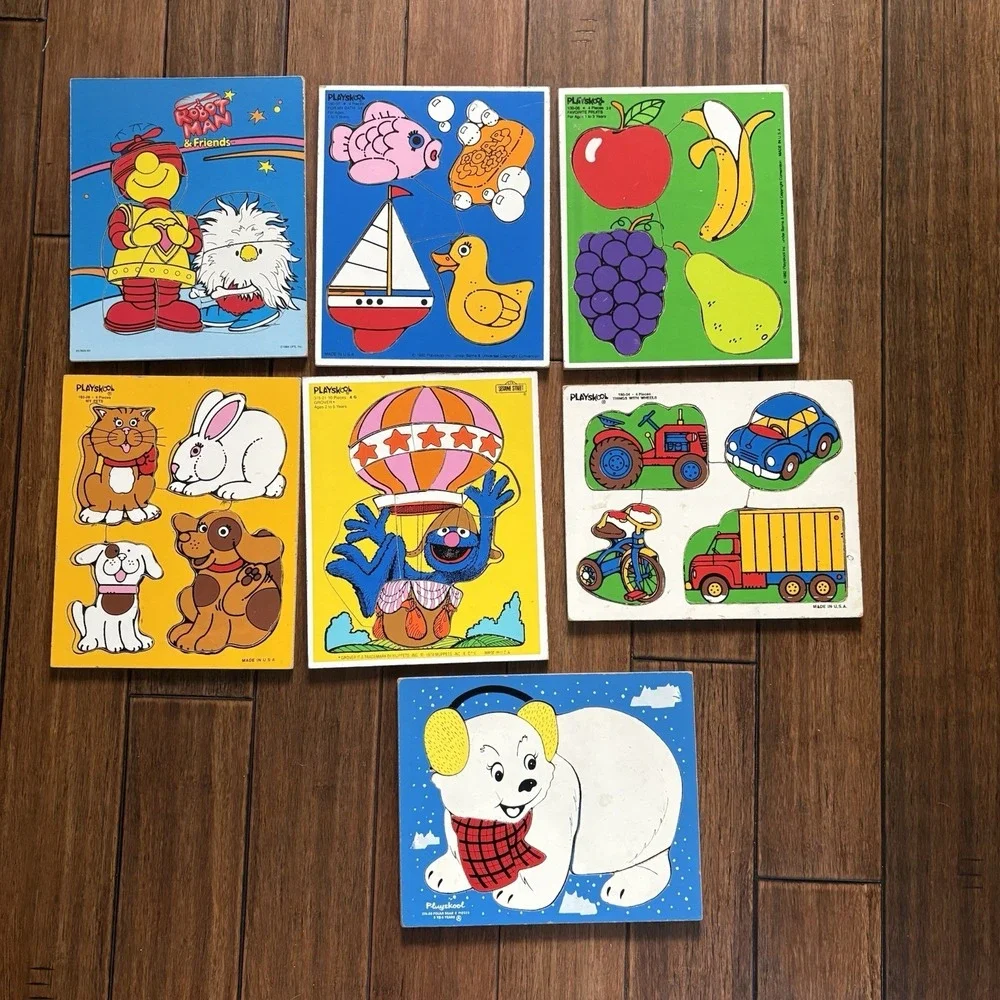 Lot of 8 Vintage Playskool Wooden Peg Puzzles Complete Grover Robotman USA
