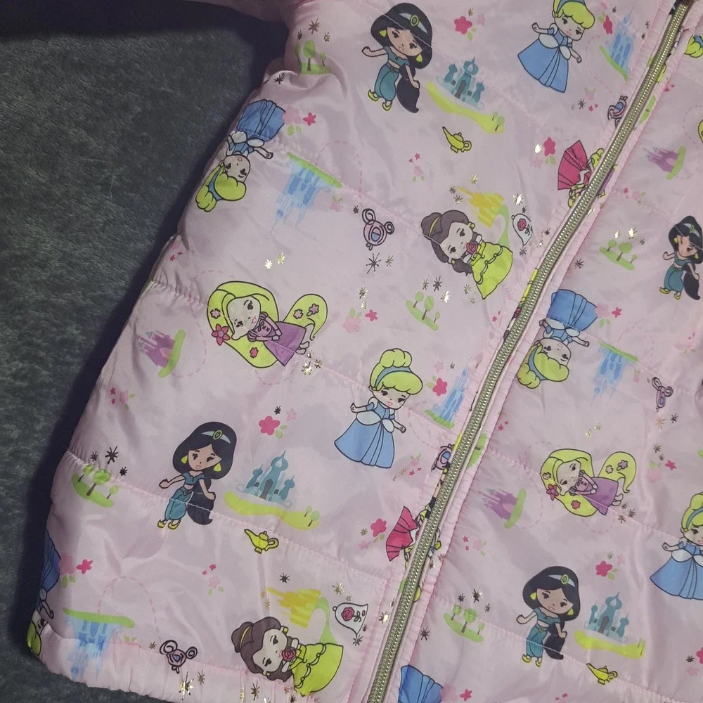 Disney Princess Pink Puffer Jacket Girls Size 5/6 Chibi Jasmine Belle Cinderella