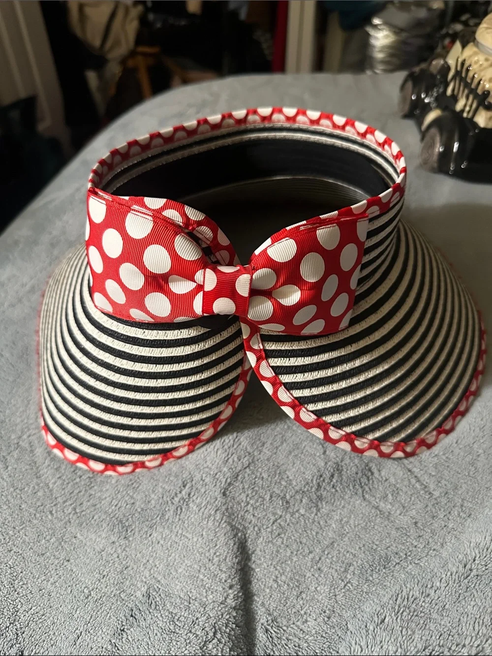 Disney Black and White Striped Visor with Red Polka Trim