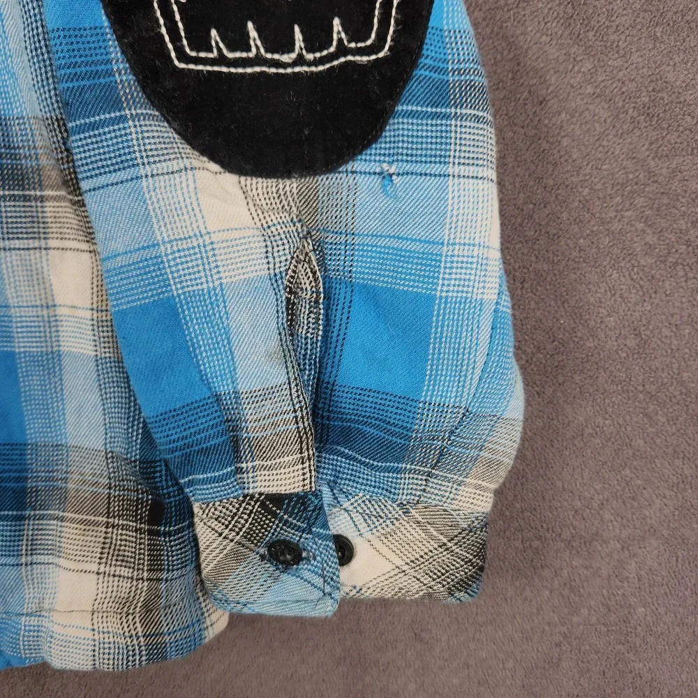 Vintage No Fear Hooded Flannel Shirt Jacket Boys Medium Plaid Skull Elbow Patch