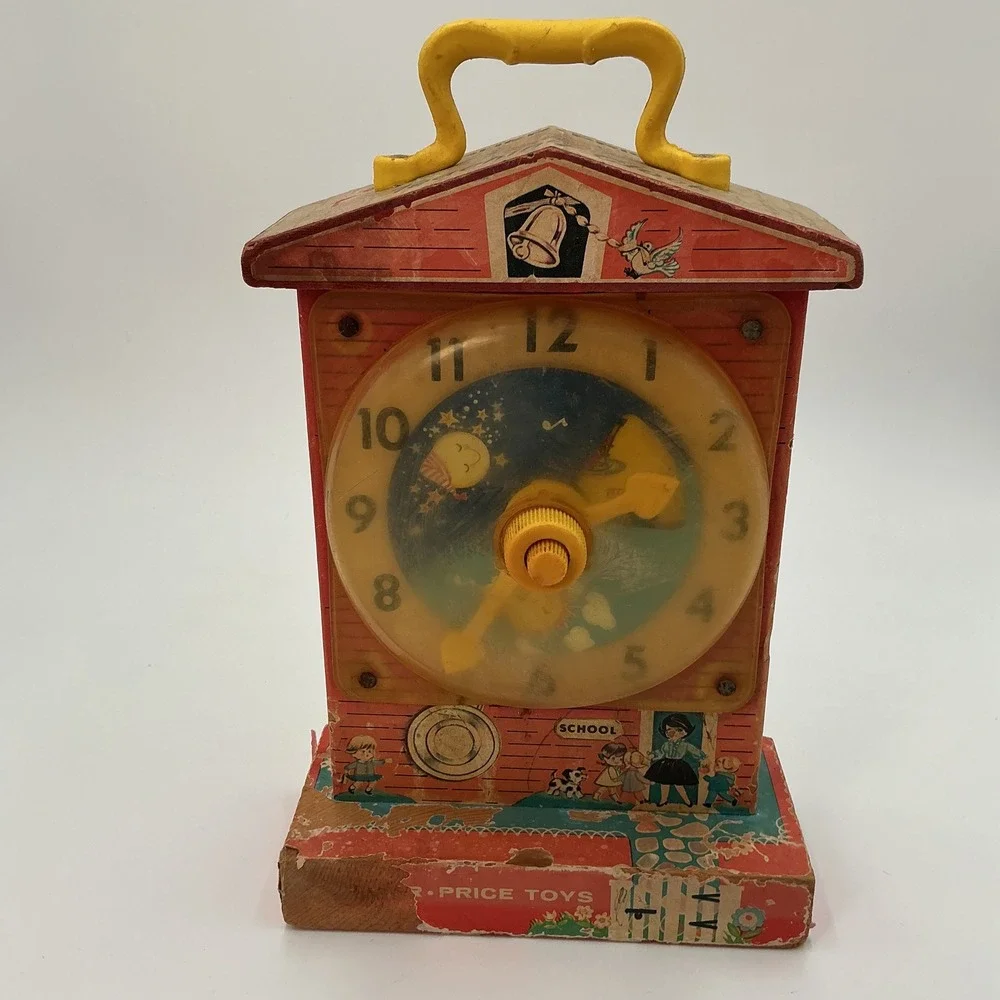 Vintage Fisher Price Music Box Teaching Clock Wood Wind Up‎ Toy 1964 USA Works
