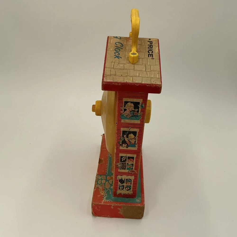 Vintage Fisher Price Music Box Teaching Clock Wood Wind Up‎ Toy 1964 USA Works