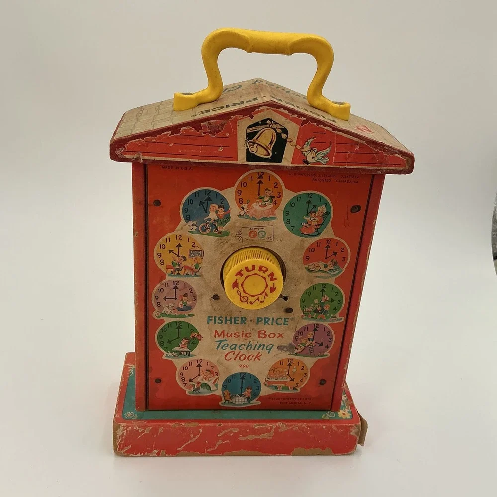 Vintage Fisher Price Music Box Teaching Clock Wood Wind Up‎ Toy 1964 USA Works