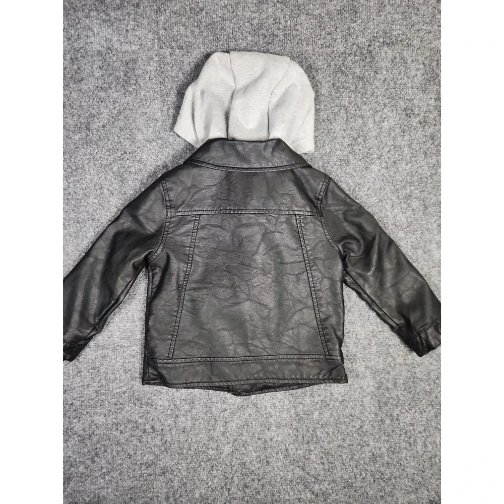 Genuine Kids OshKosh Toddler Faux Leather Moto Jacket Black Grey Hooded Coat 2T