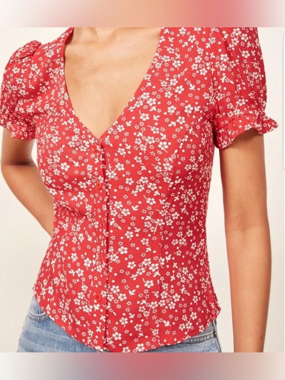 Reformation Button Up V-Neck Red Floral Blouse Size S