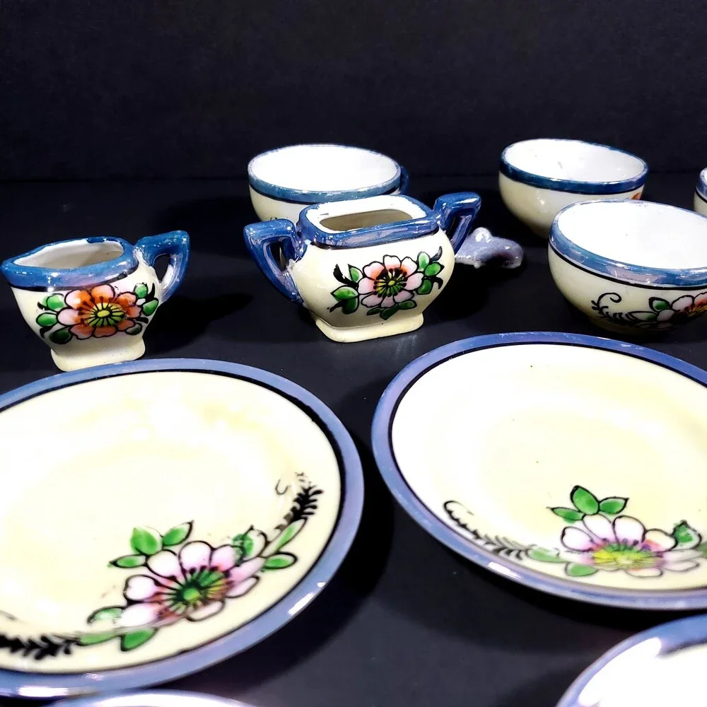 Vintage 1950s Japanese Lusterware 14 Piece Tea Set blue rim orange blue flowers