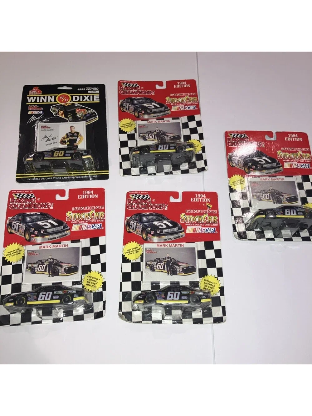 LOT Of 5 VINTAGE 1994-95 NASCAR RACING CHAMPIONS CARS MARK MARTIN 1:43 SCALE NEW