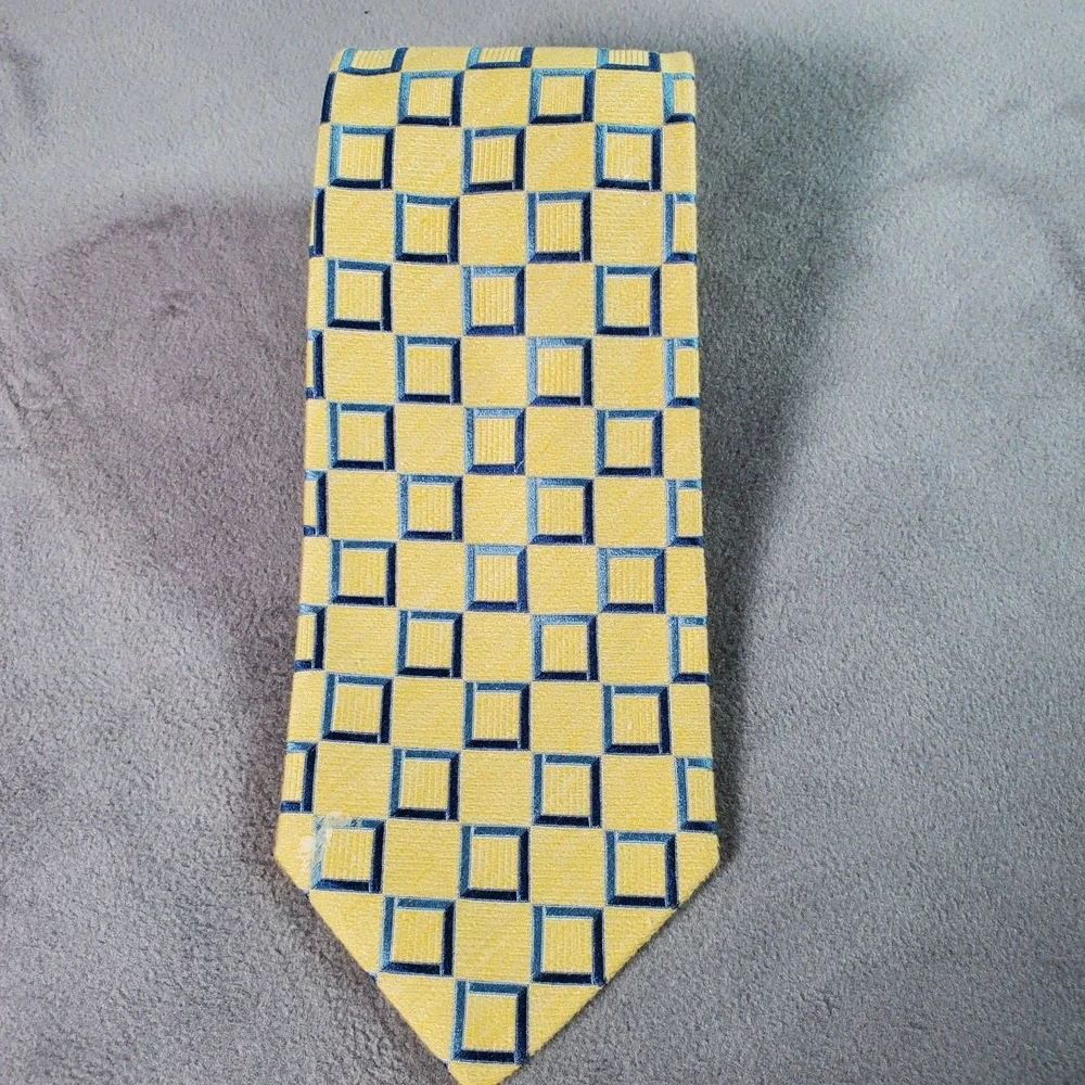 Ermenegildo Zegna Tie Mens Yellow Blue Geometric Print Silk Blend Italy Designer
