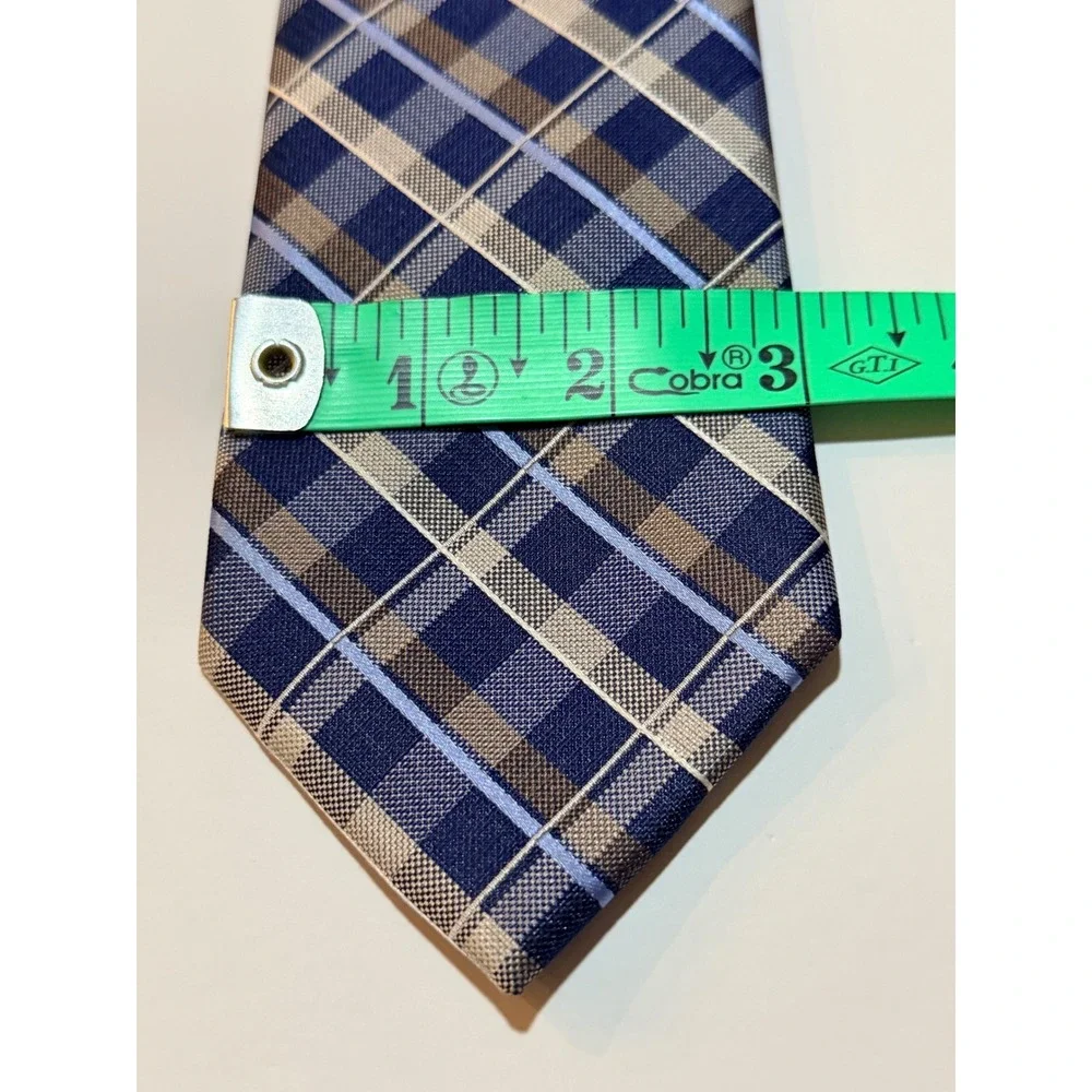 Michael Kors Necktie Navy Blue‎ Tan Plaid Silk Blend Classic Business Tie