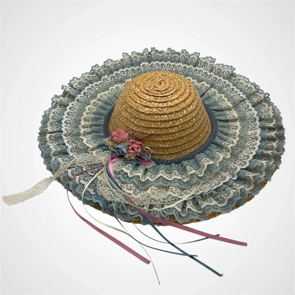 Vintage Romantic Lace Straw Sun Hat Lot Floral Ribbon Wide Brim Cottagecore 2 Pc
