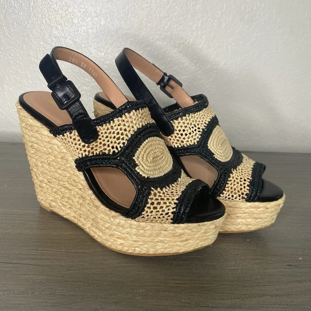 NWOT Robert Clergerie Woven Raffia‎ Wedge Sandal in Natural/Black Sz 8 $550