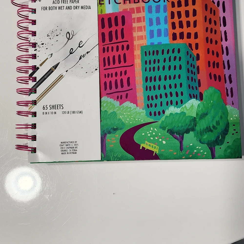 Mixed Media Sketchbook Notebook — Teal, Pink & Orange Cityscape