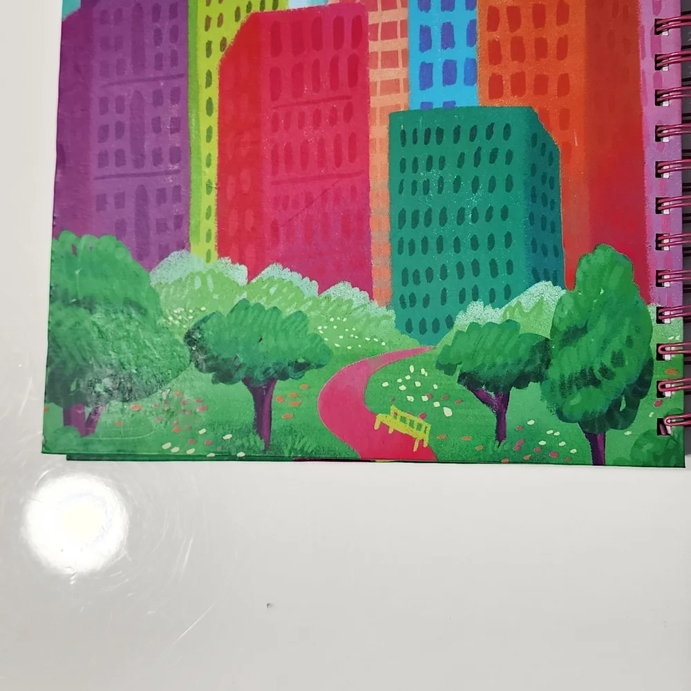 Mixed Media Sketchbook Notebook — Teal, Pink & Orange Cityscape