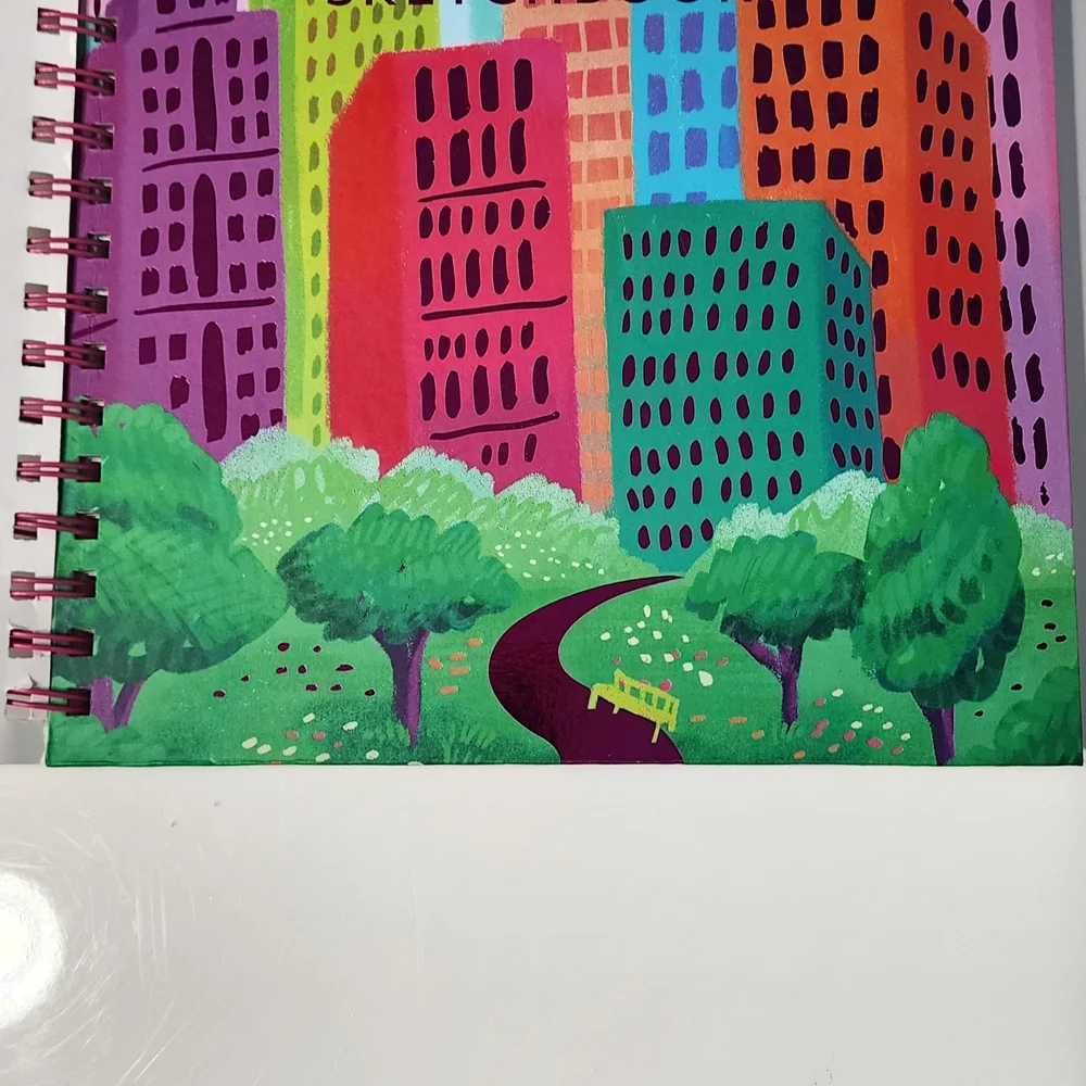 Mixed Media Sketchbook Notebook — Teal, Pink & Orange Cityscape
