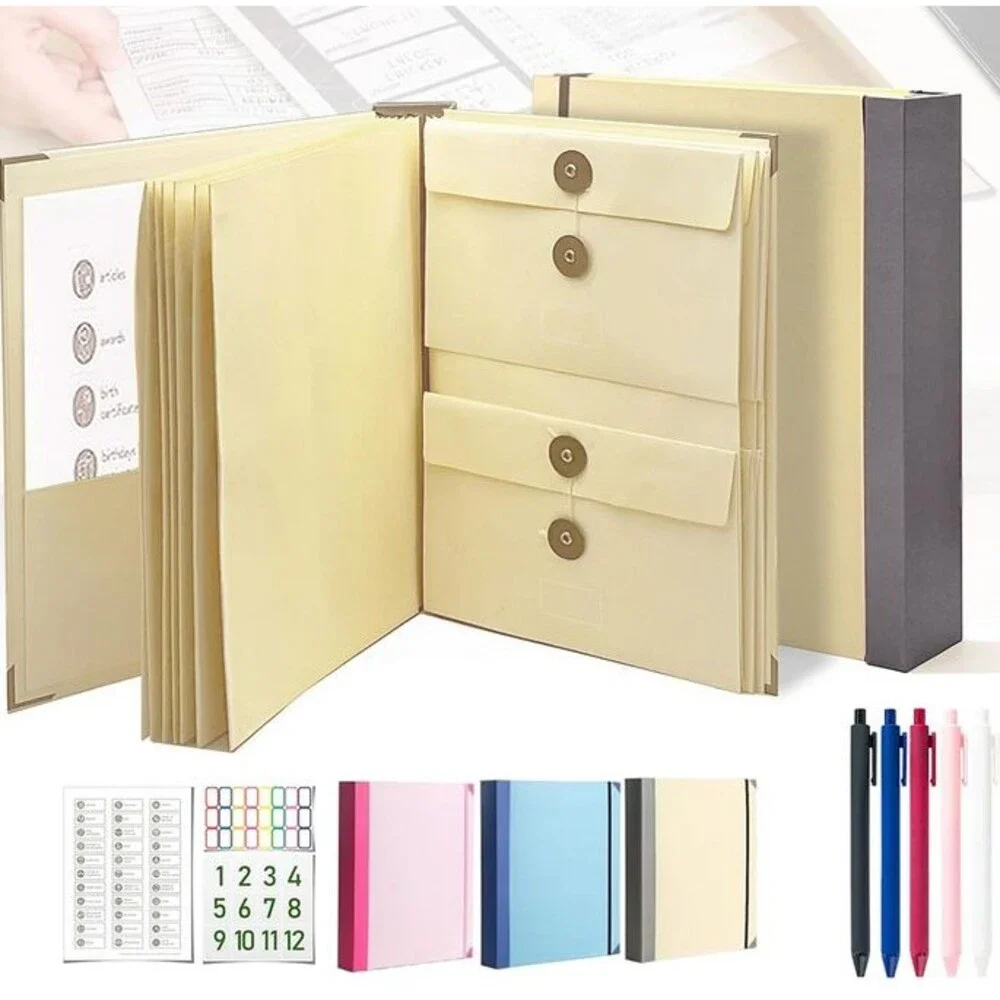 Important Document Organizer Binder Pocket Folio with Labels, Pens 2