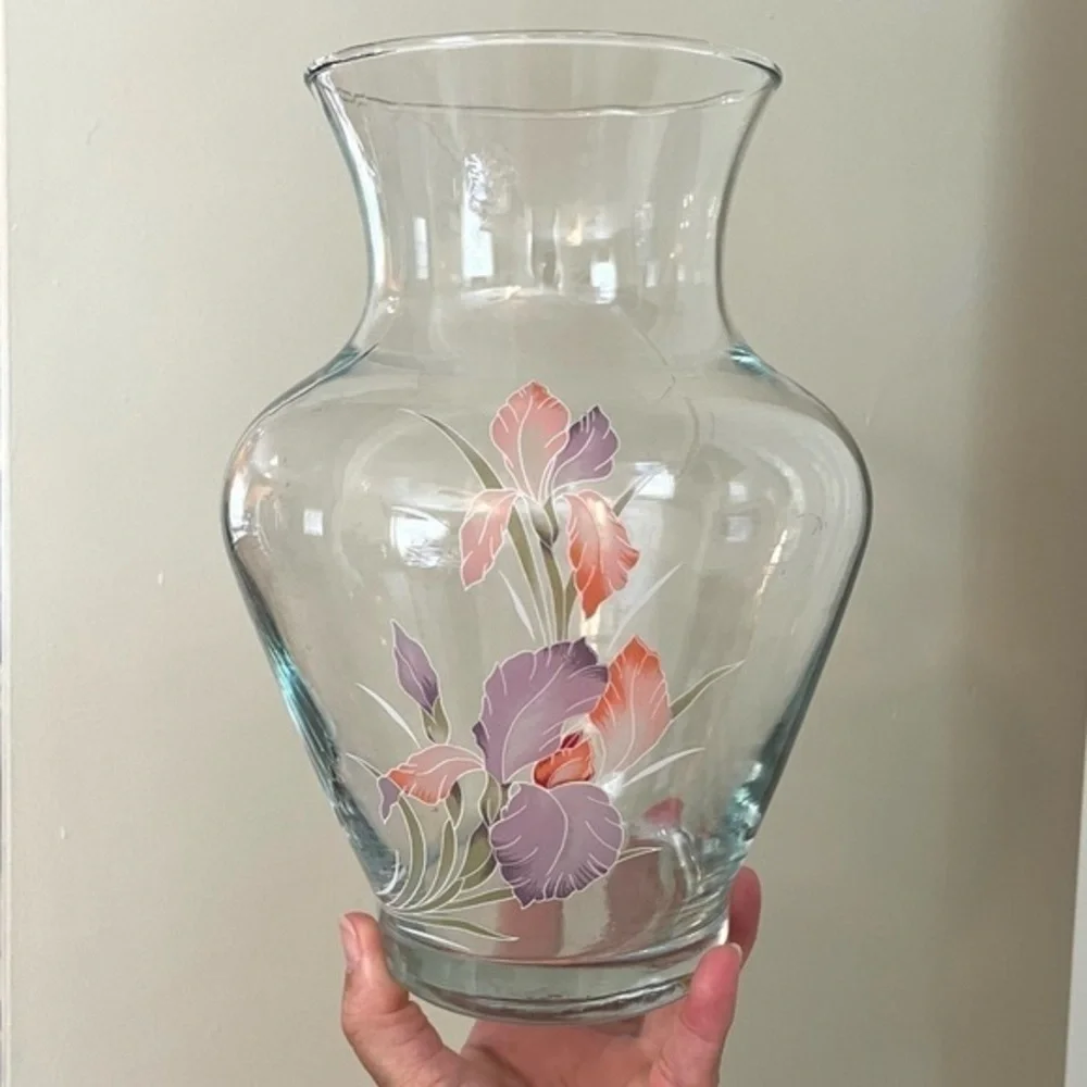 Glass Vase with Iris Design 9.5” Purple and Pink Irises