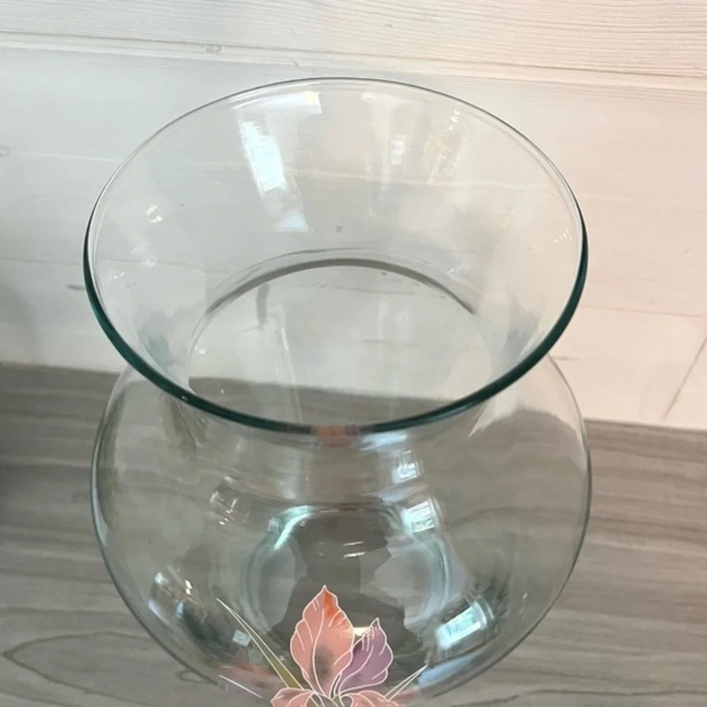Glass Vase with Iris Design 9.5” Purple and Pink Irises