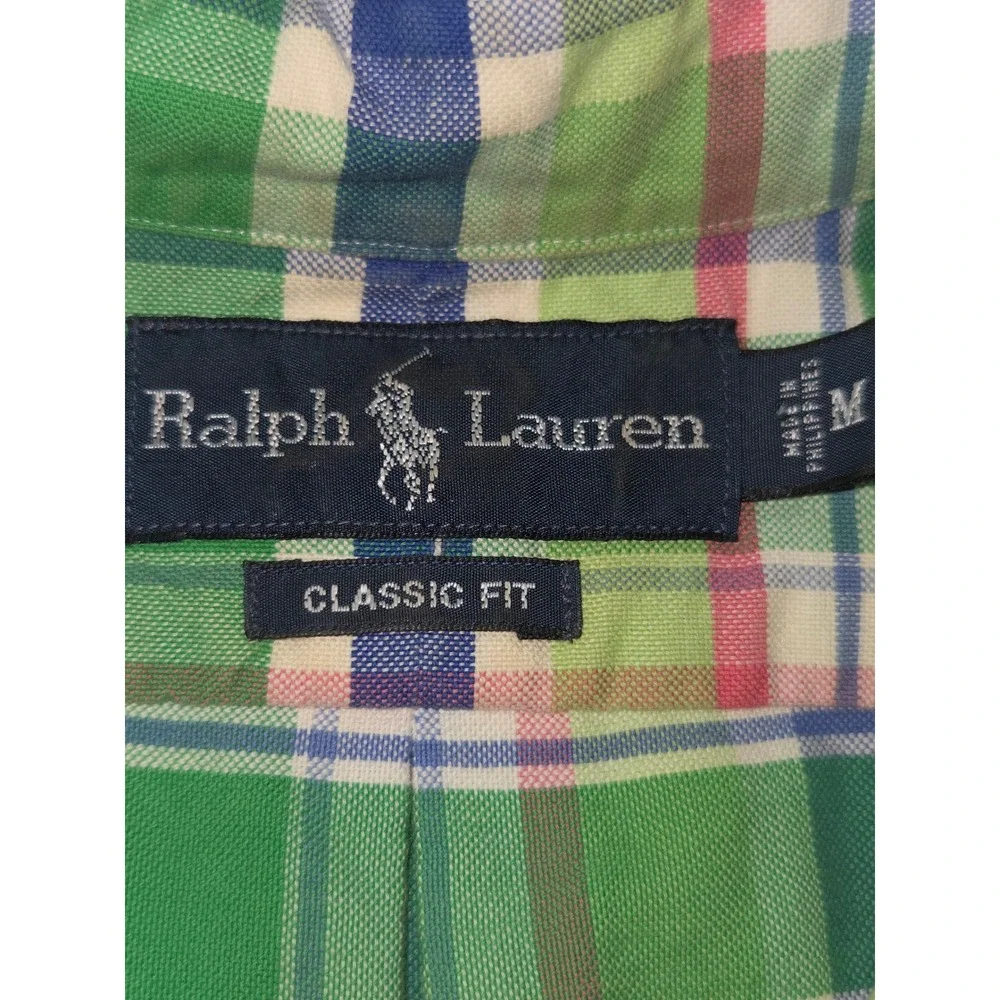 Ralph Lauren Shirt Mens M Classic Fit Plaid Short Sleeve Button Down Green Vtg