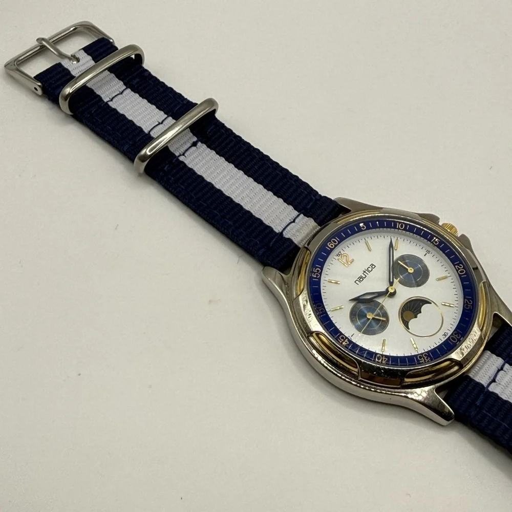 Nautica Vintage Moon Phase Watch 39mm Unisex Blue White Nylon Band (New Battery)