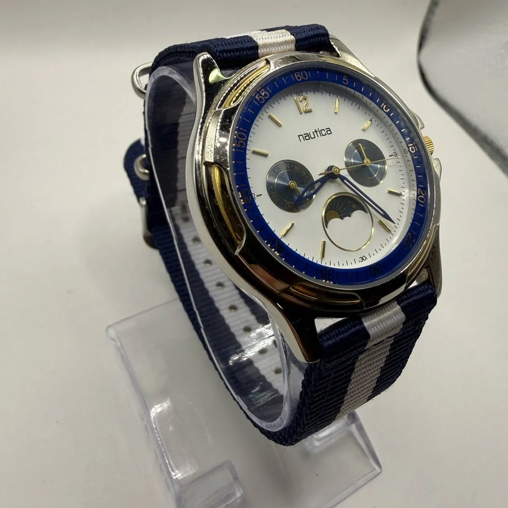 Nautica Vintage Moon Phase Watch 39mm Unisex Blue White Nylon Band (New Battery)