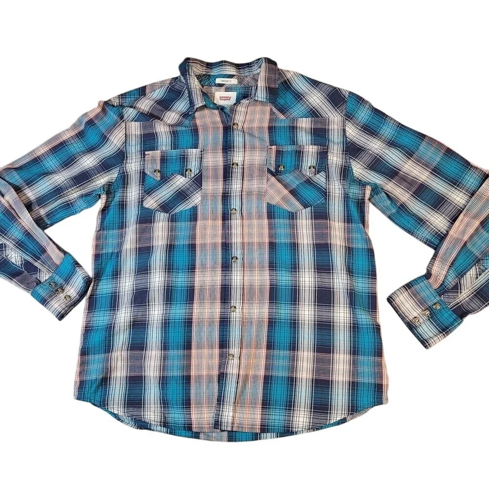 LEVIS Mens‎ Standard Fit Plaid Long Sleeve Snap Button Western Shirt Blue Large