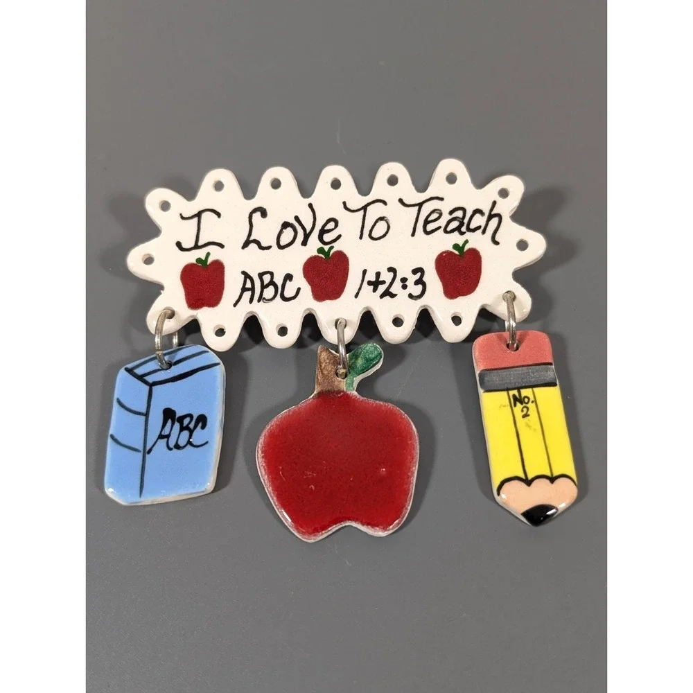 Vintage I Love to Teach ABC 123 Ceramic Charm‎ Pin Brooch