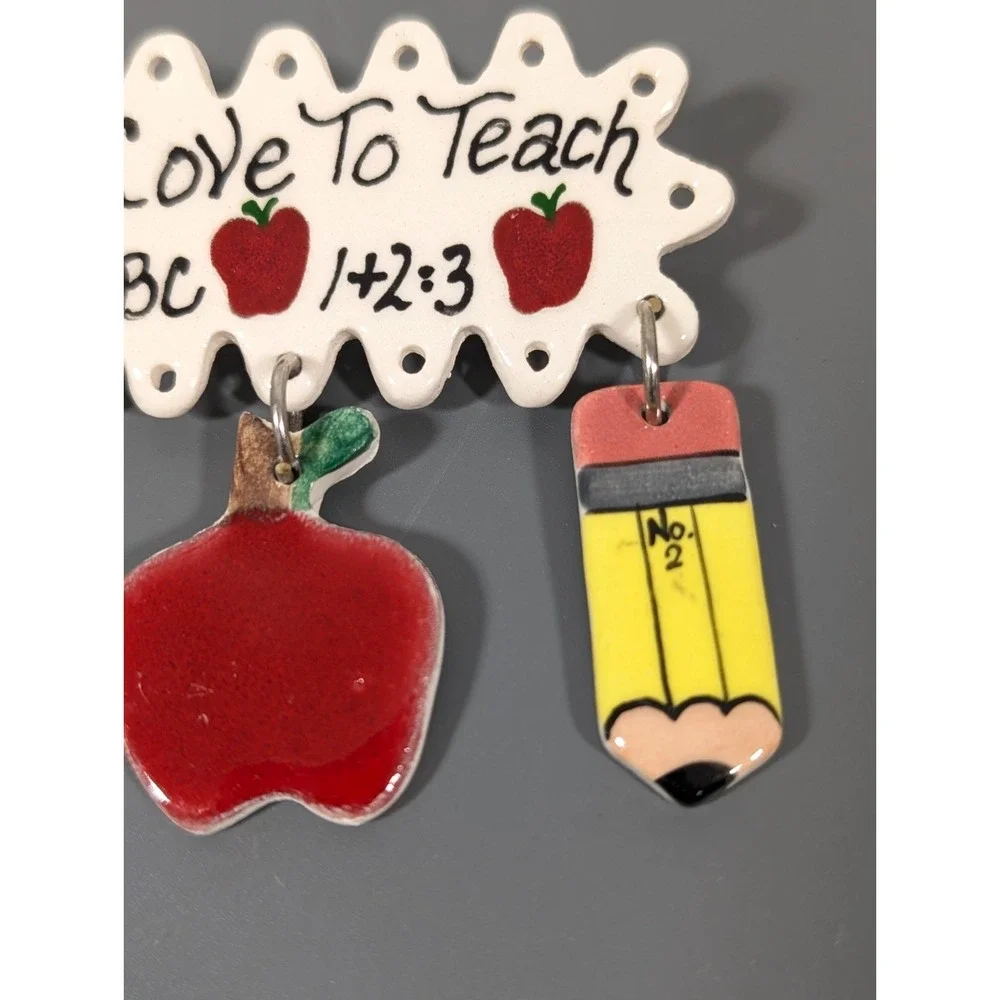 Vintage I Love to Teach ABC 123 Ceramic Charm‎ Pin Brooch