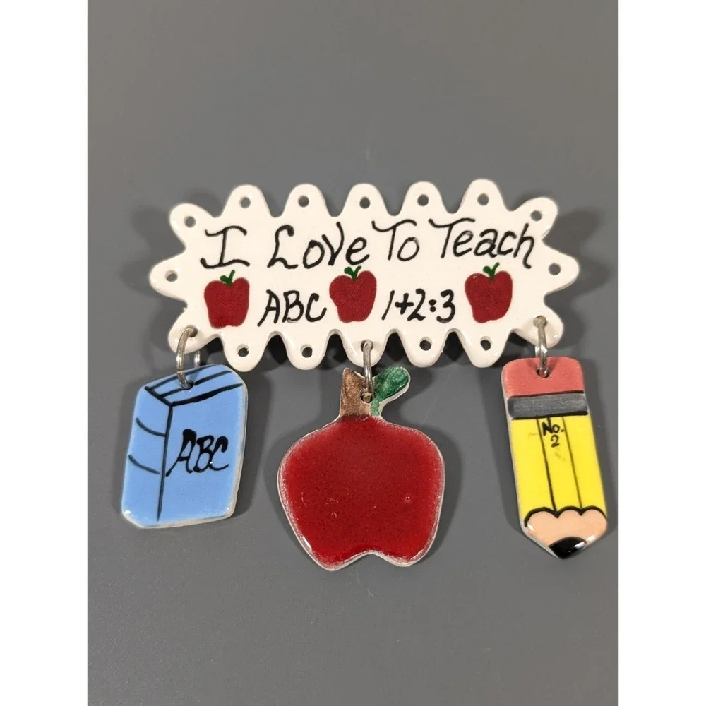 Vintage I Love to Teach ABC 123 Ceramic Charm‎ Pin Brooch