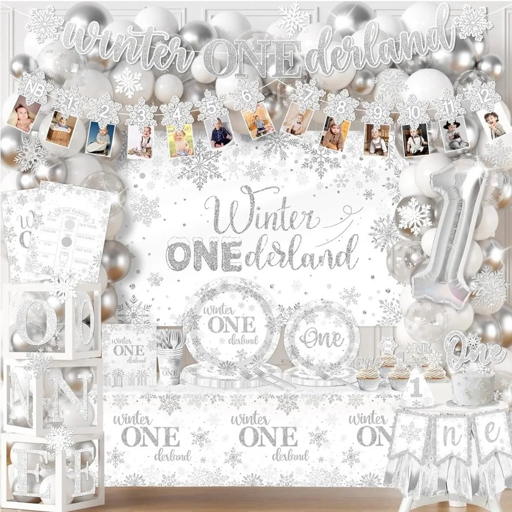 ❄️ Winter ONEderland 1st Birthday Party Set – Silver Snowflake Theme – Full Kit