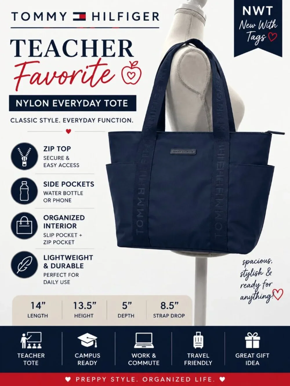 Tommy Hilfiger Navy Blue Nylon Tote Teacher Work Laptop Travel Preppy Bag School