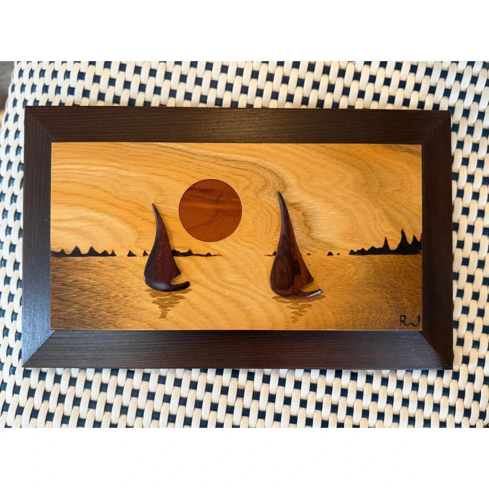 Robert W Johnson Wood Marquetry Sailboat Sunset Signed California Art Picture