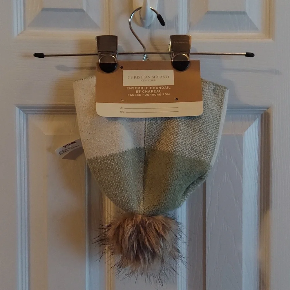 CHRISTIAN SIRIANO NEW YORK Cashmere Fur Plaid Beanie Avacado/Cream O/S BNWT SO