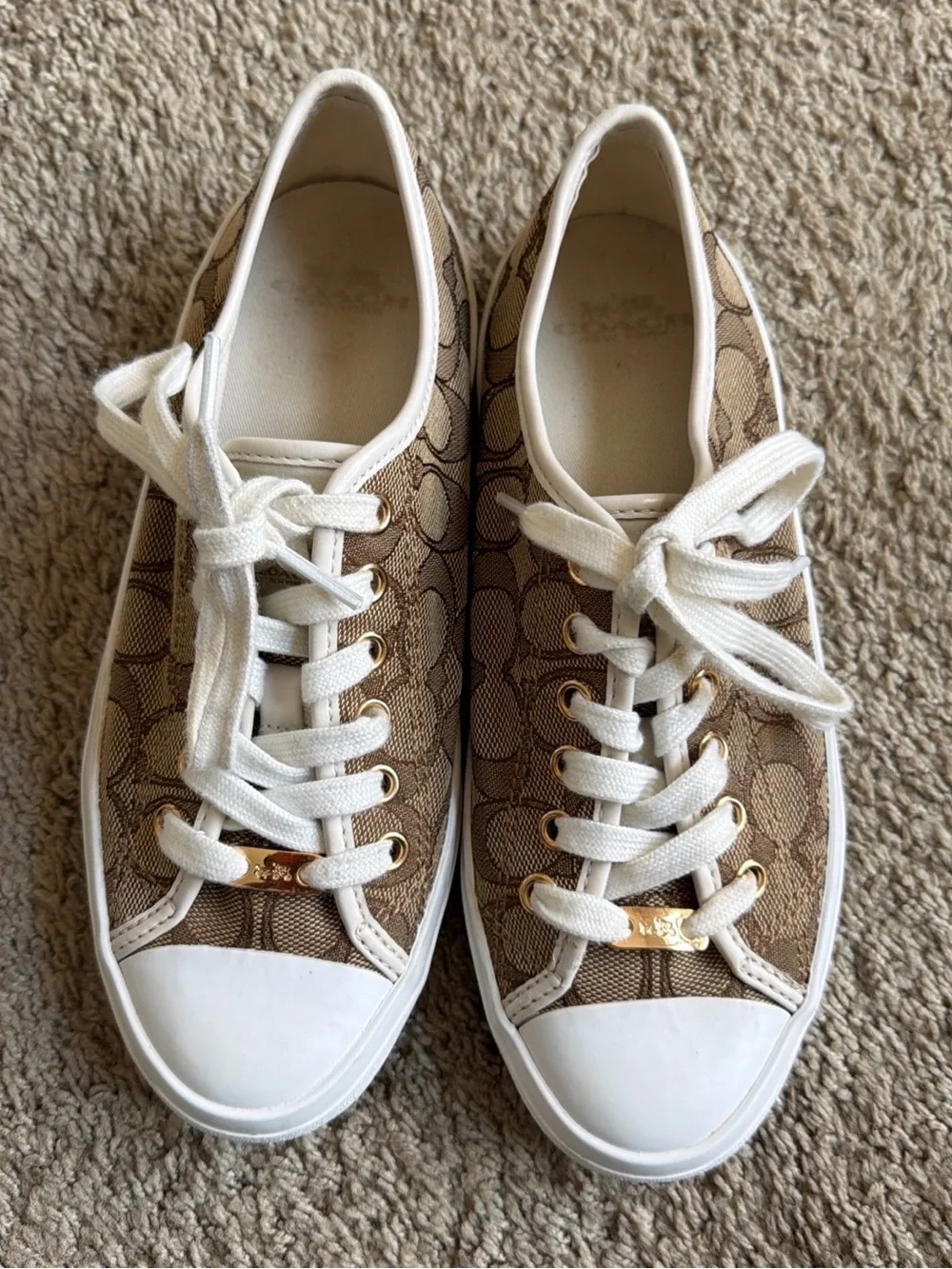 Coach Tan Signature Canvas Low-Top Sneakers with White Accents