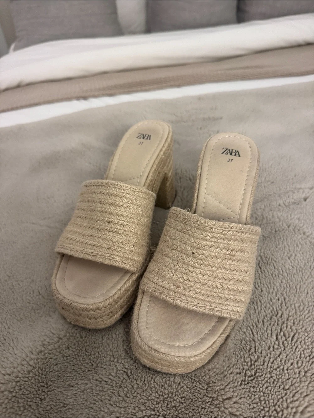 Zara Beige Woven Platform Mule Heels - Women's Slip-On Sandals - Size 7