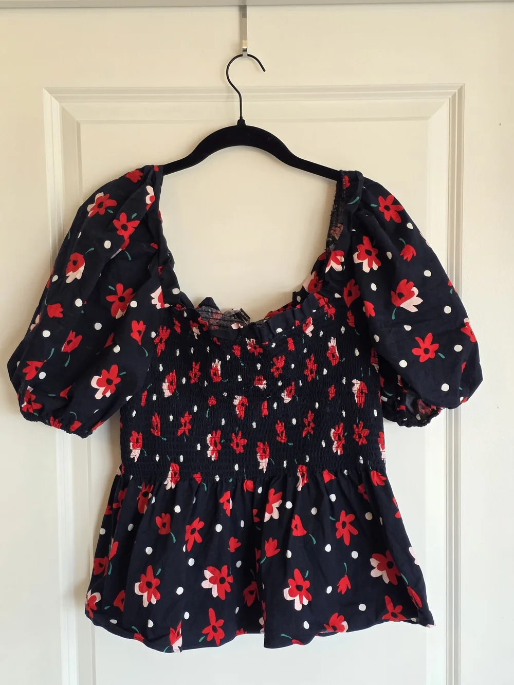kate spade Navy Red Floral Puff-Sleeve Smocked Peplum Top