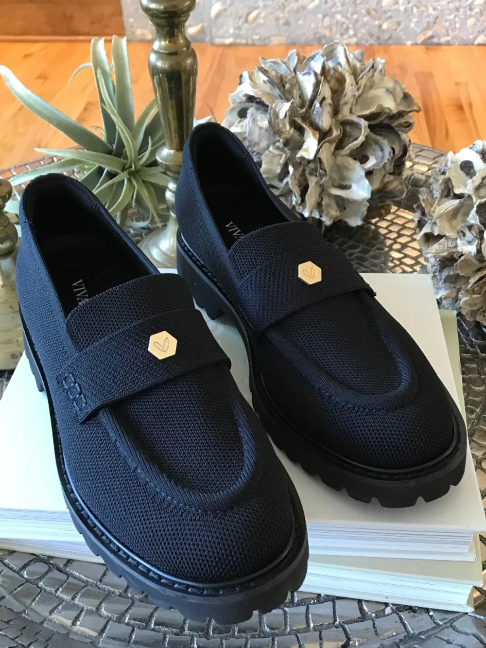 Vivaia Black Platform Loafer - Gold Accent