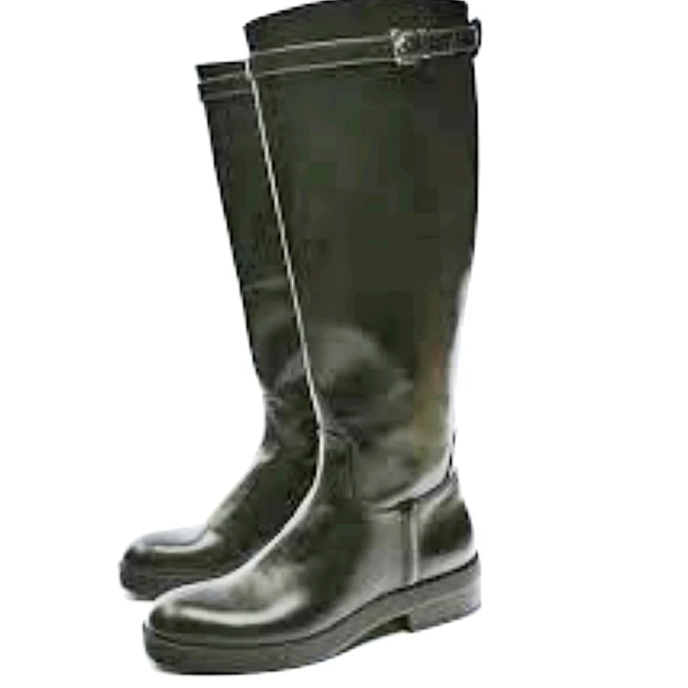Zara black riding boots buckle strap full width NWT