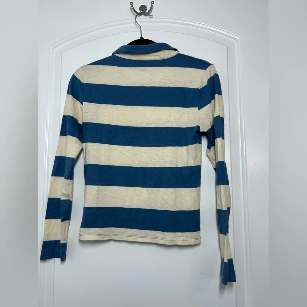 J Crew Blue Striped Long Sleeve Polo Rugby Shirt Size S Preppy Retro Academia