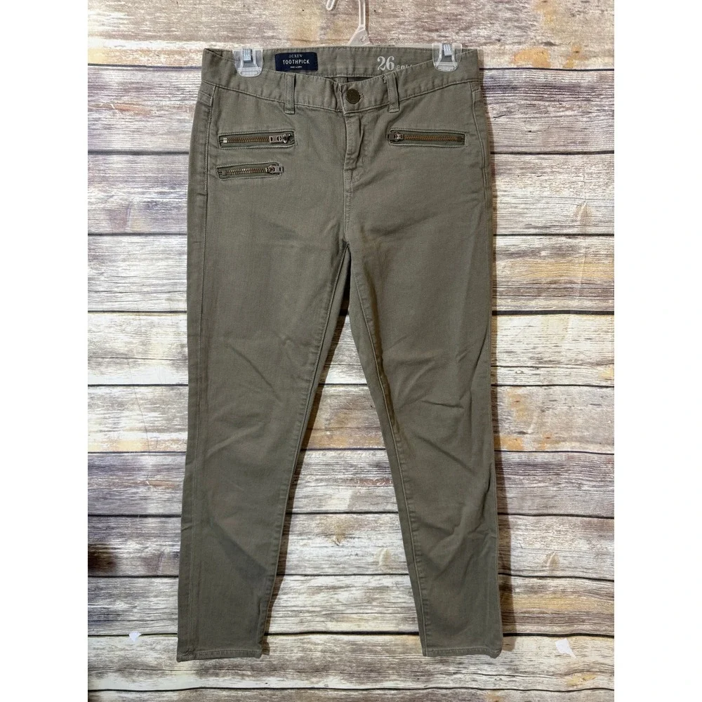 J. Crew Jeans size 26 Toothpick Ankle Pants Olive Green Skinny Zip Pocket‎ 04901
