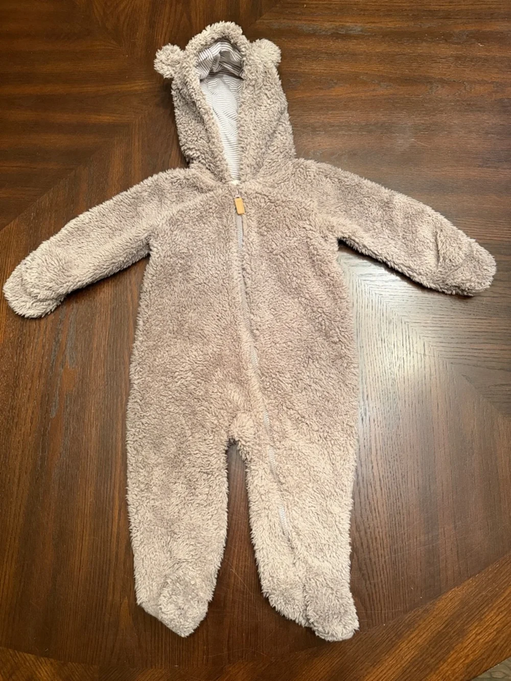 Carter’s Teddy Fleece Bear Hooded Footed Zip Romper Taupe 9M