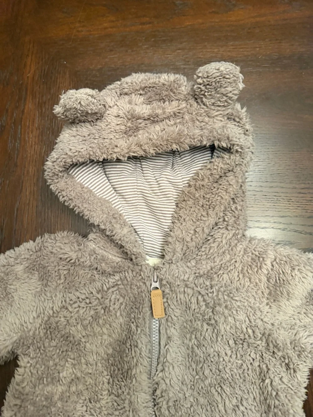 Carter’s Teddy Fleece Bear Hooded Footed Zip Romper Taupe 9M