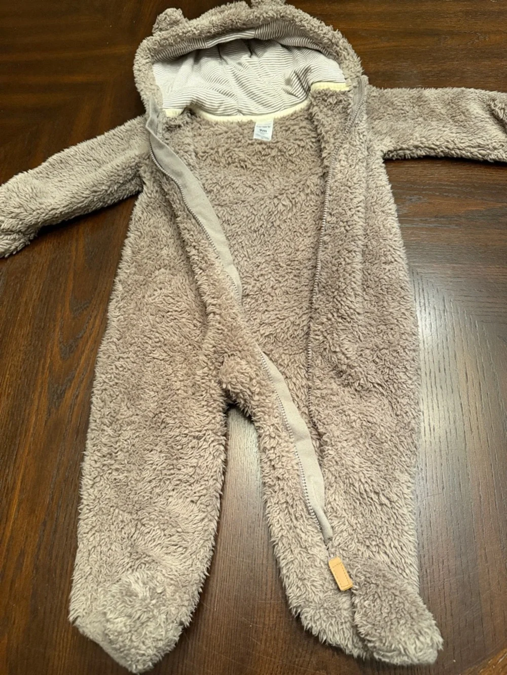 Carter’s Teddy Fleece Bear Hooded Footed Zip Romper Taupe 9M