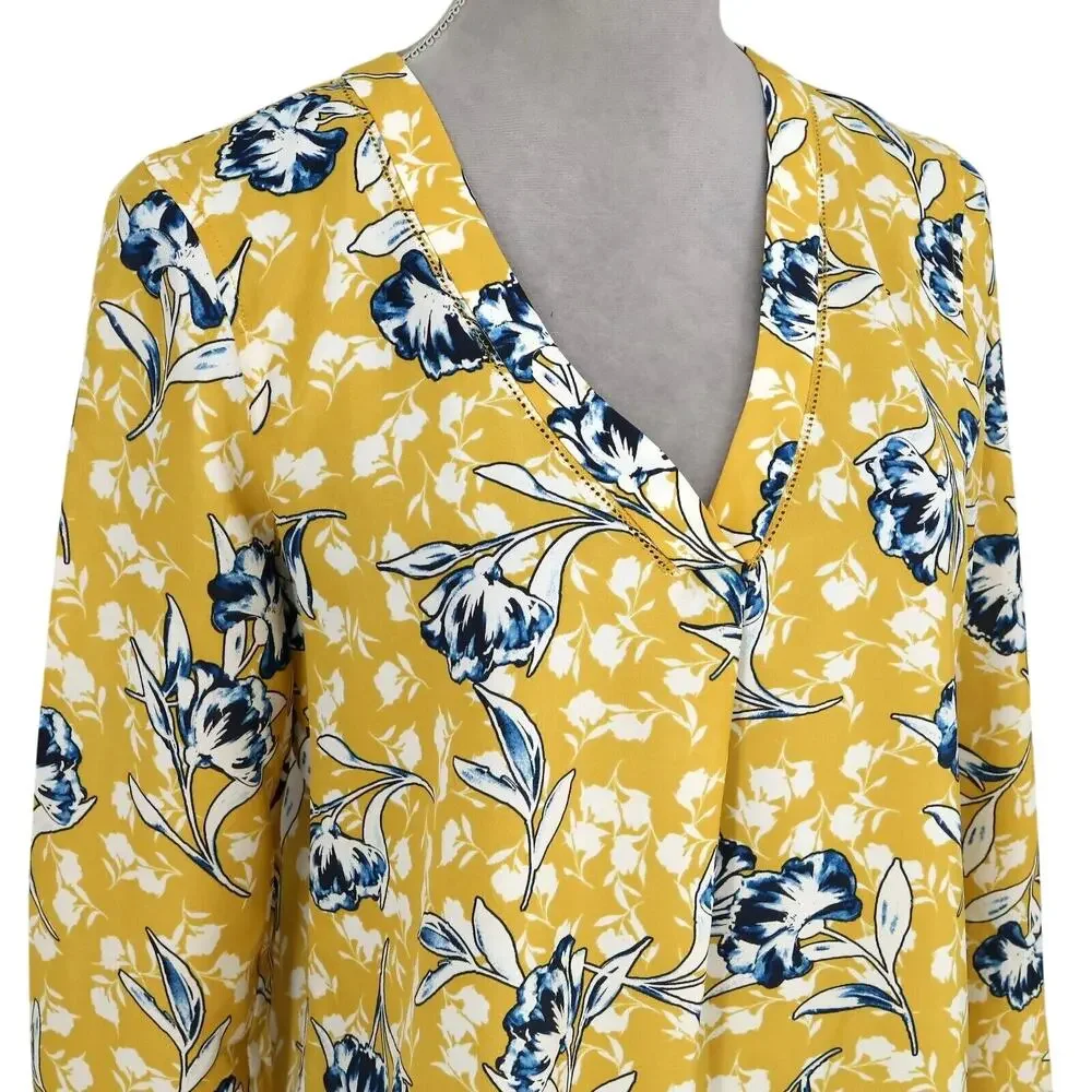 J Crew Top Womens Small Gold Blue White Floral Tunic Blouse Pullover V-neck
