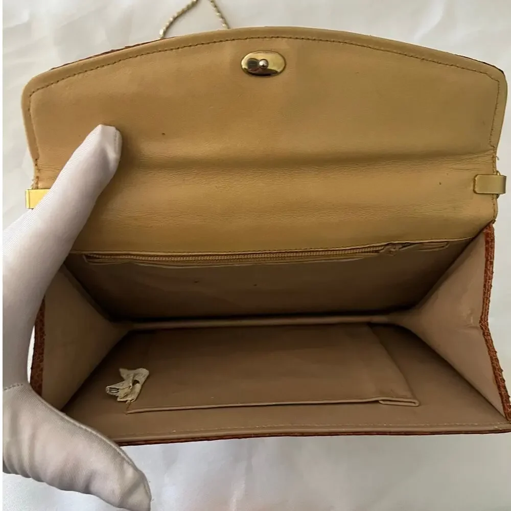8 x 5 Vintage Genuine Snake Skin Tan Womens Clutch Handbag Almond Brown