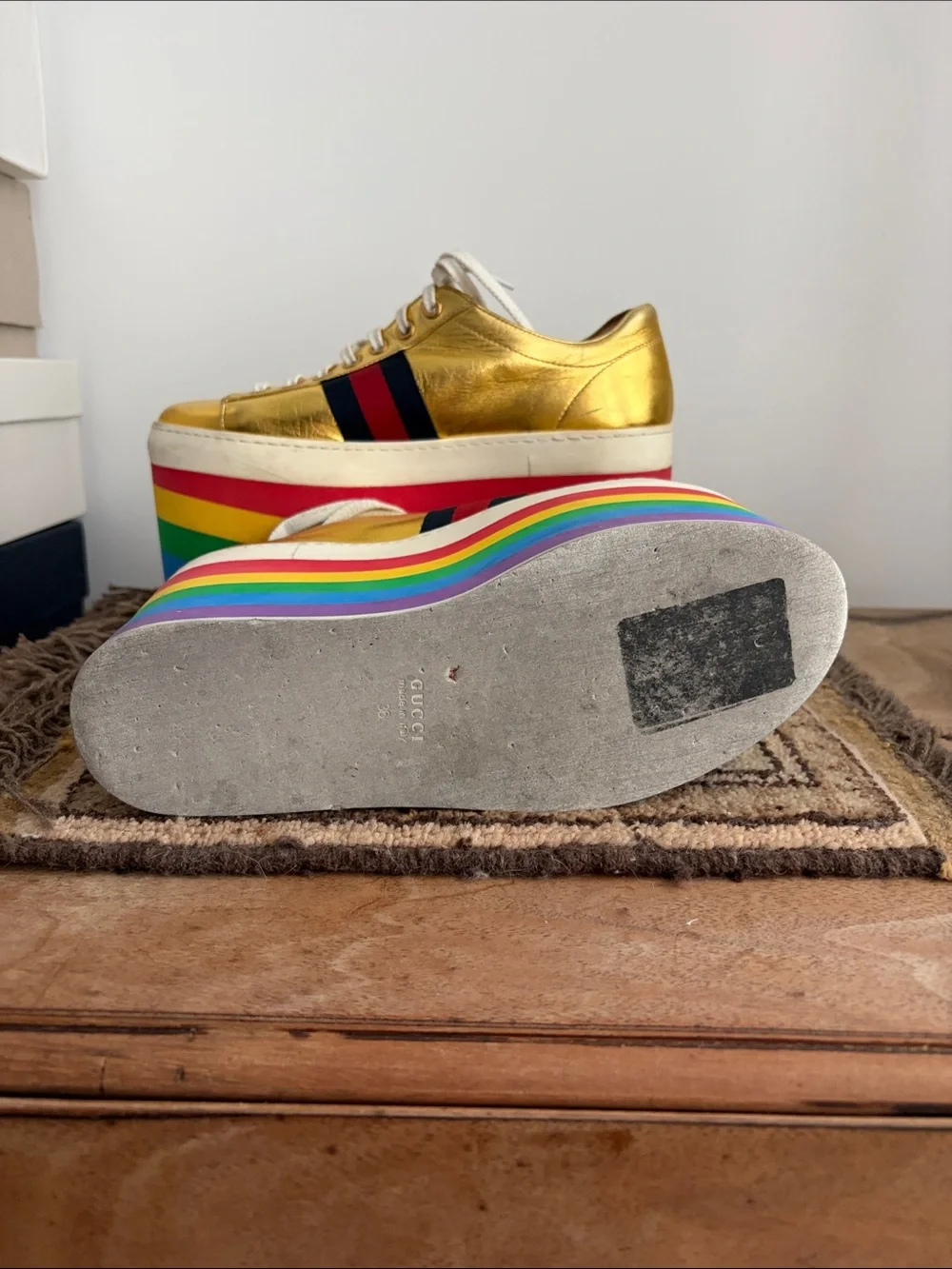 Gucci- PEGGY Gold Rainbow Platform Sneakers - Women's  Lace-Up sz 36 - DAMAGED