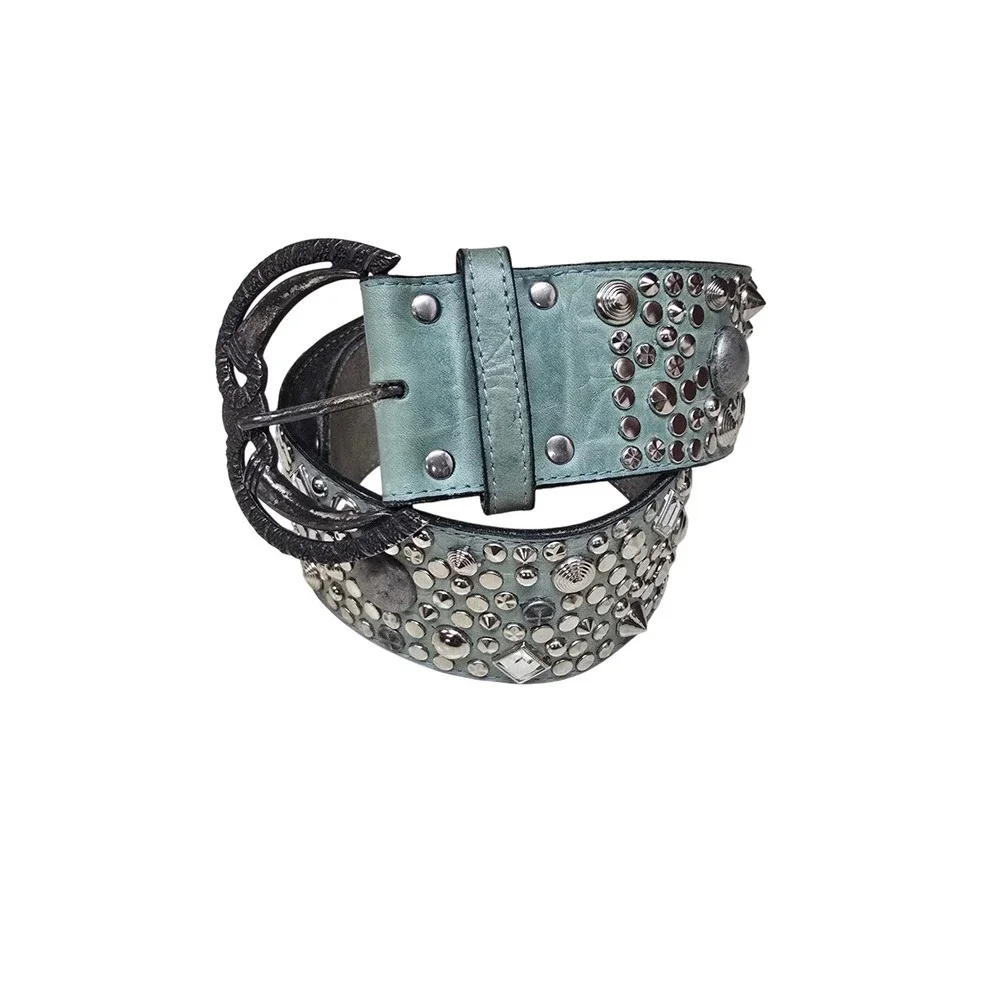 Chad Calvin Designs Teal Leather‎ Studded Belt Western Boho Cowgirl Silver 26