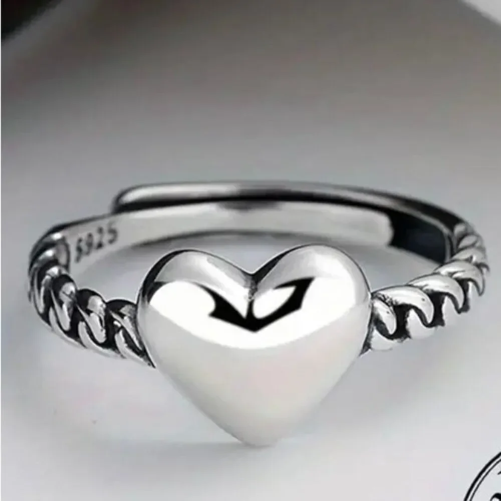 Sterling Silver Heart Ring Womens Cute Design Adjustable Swirl Band New