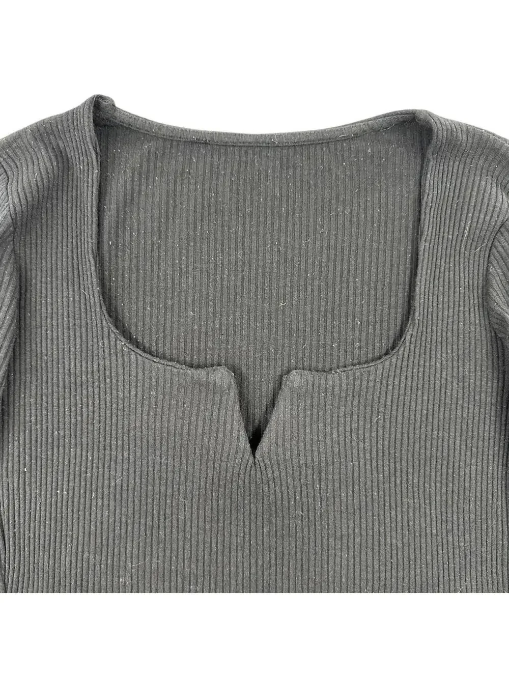 Black Ribbed Long Sleeve Top with Notch Neckline Y2K Minimalist Preppy
