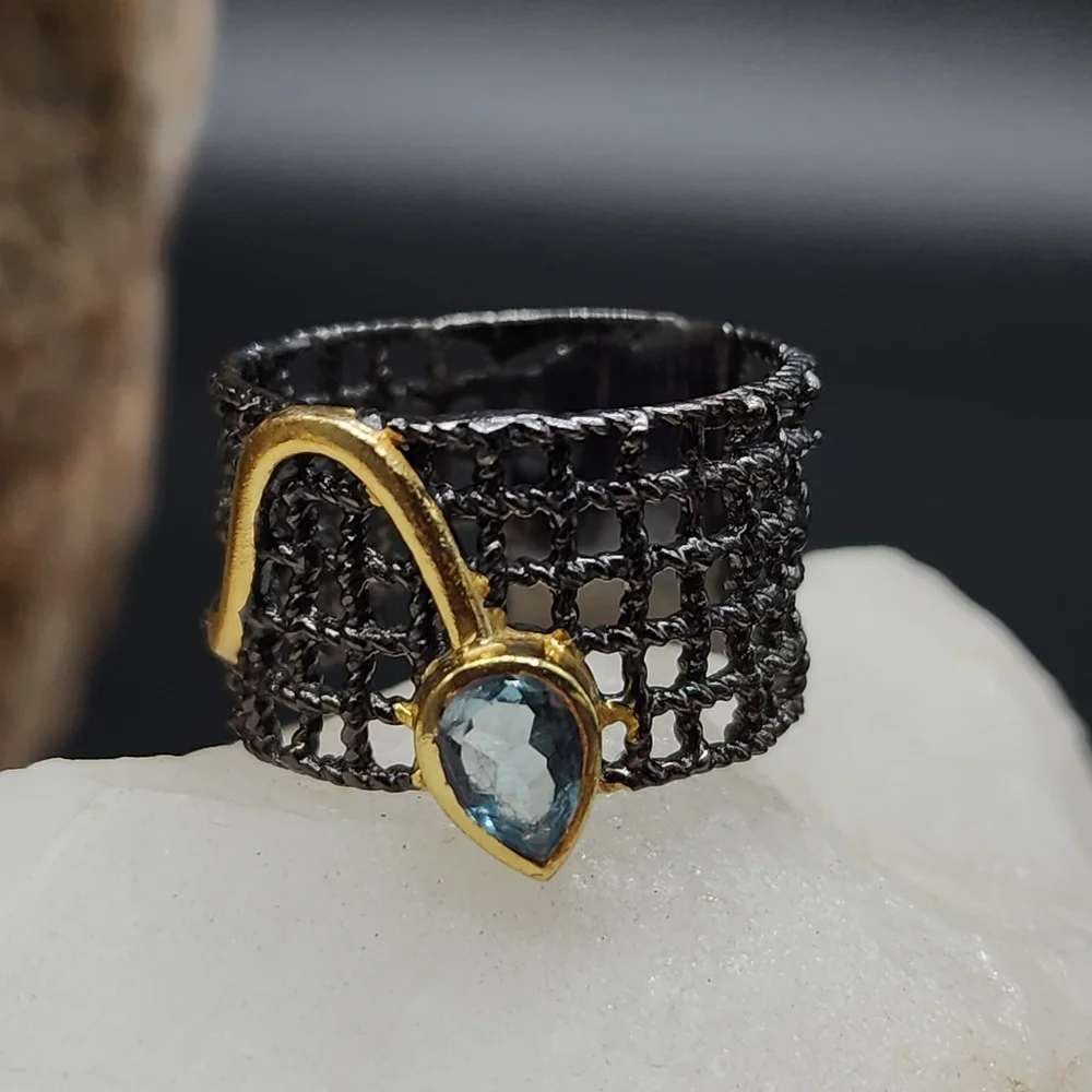Sterling Silver 925 Black Rhodium 14k Gold Ring Genuine Blue Topaz