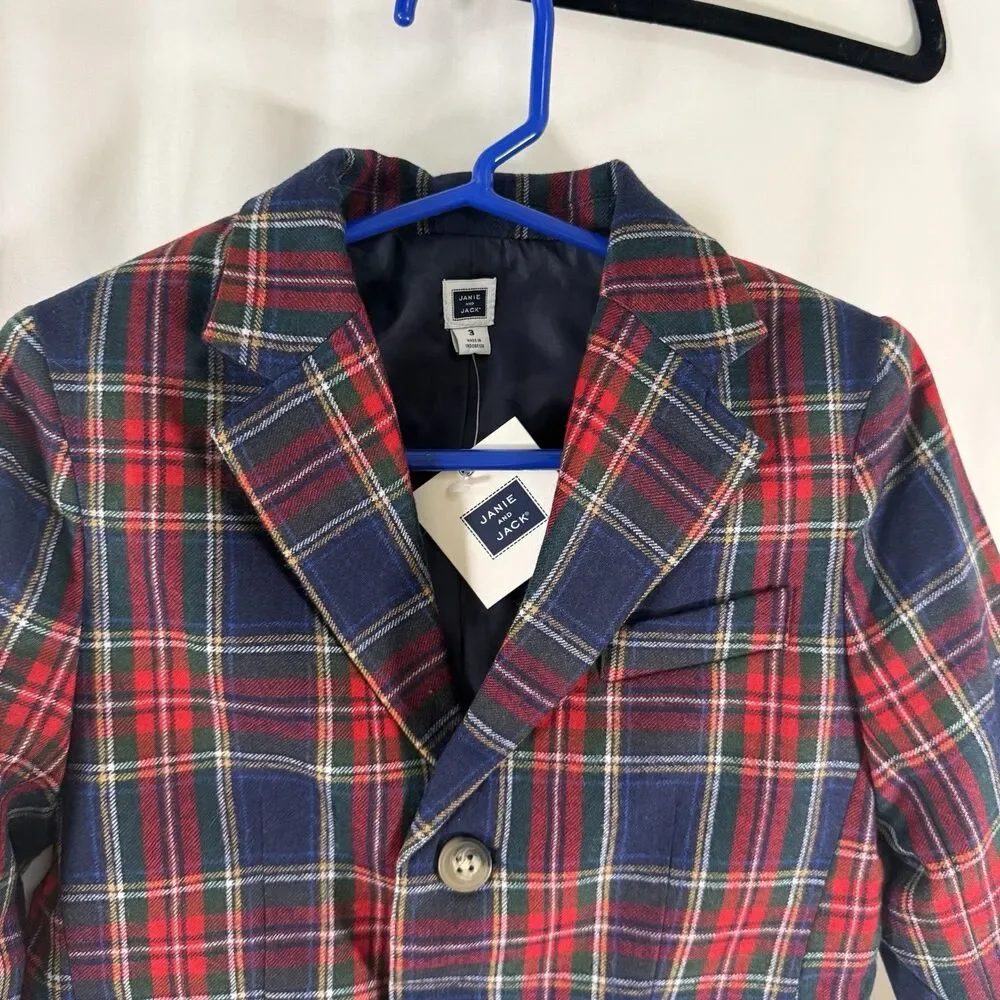 New Janie and Jack Blazer Boys 3 Red Tartan Plaid Button Up Long Sleeve Collared